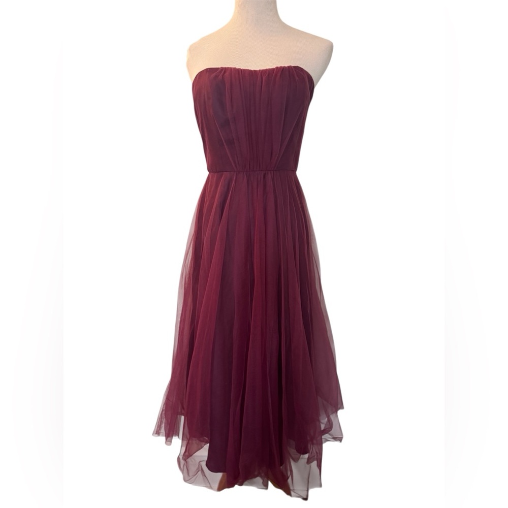 [Badgley Mischka] Burgundy Strapless Tulle Midi Dress Size 4 - Picture 3 of 11